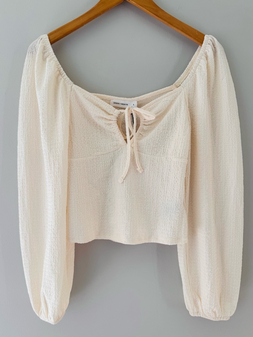 NWT Spring + Mercer Cream Tie Front Puff Sleeve Crop Top S Cottagecore